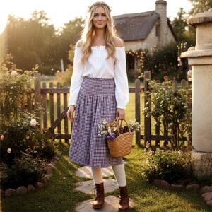 VTG Purple Gingham Tiered Midi Skirt Small Cottagecore Coastal Grandma Peasant